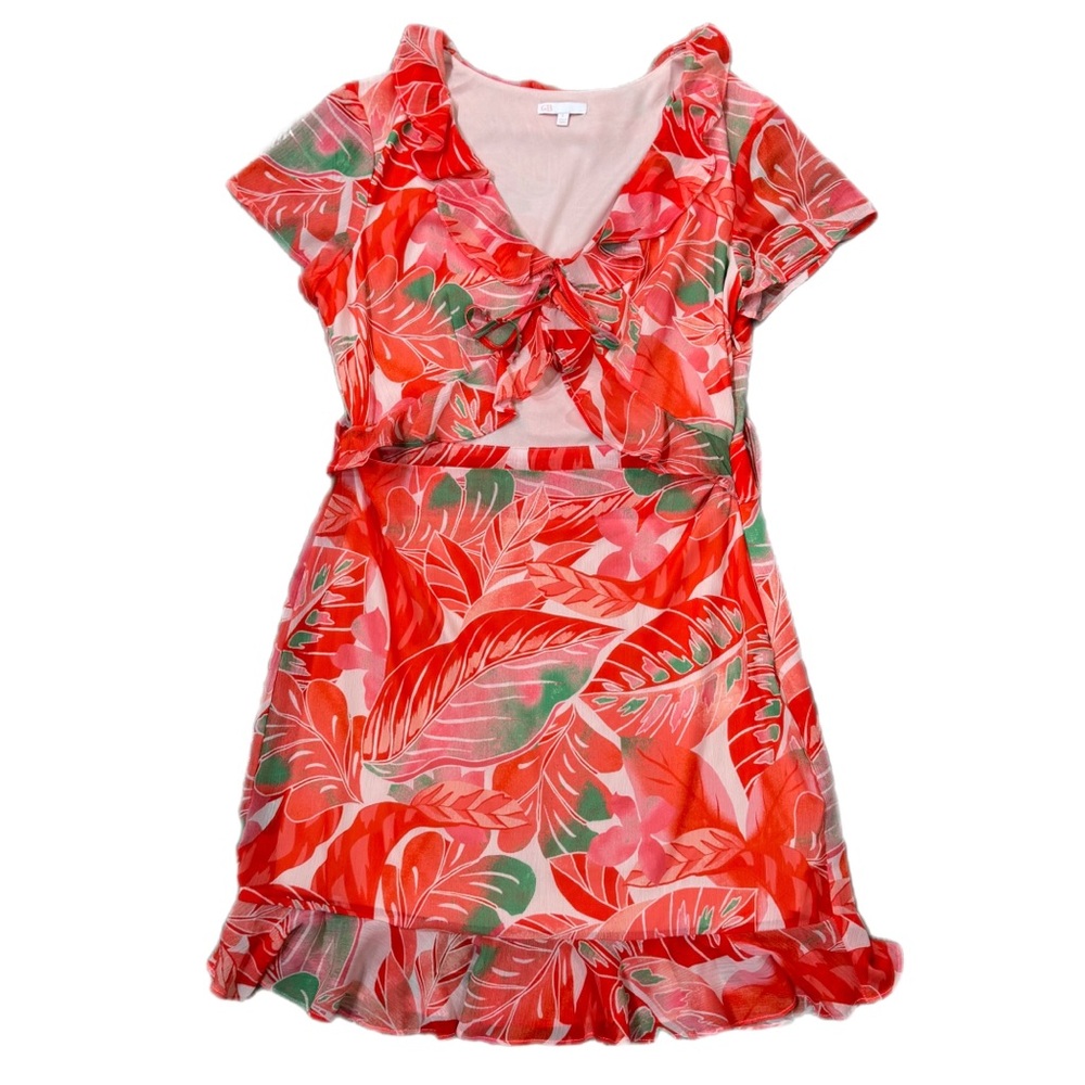 Gianni Bini Dress Tropical Ruffle Front Cut-Out Pink Orange Green Size Large
